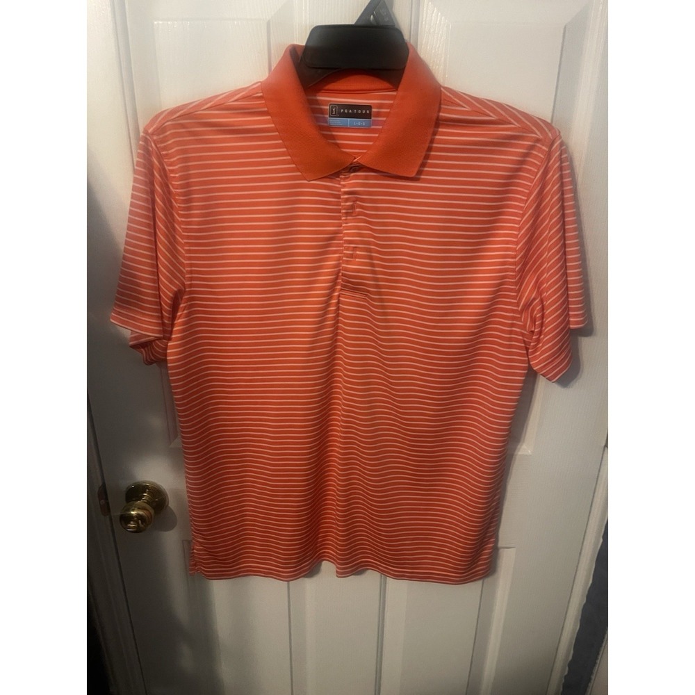 PGA TOUR LARGE SHORT SLEEVE PEACH STRIPED POLO GOLF SHIRT